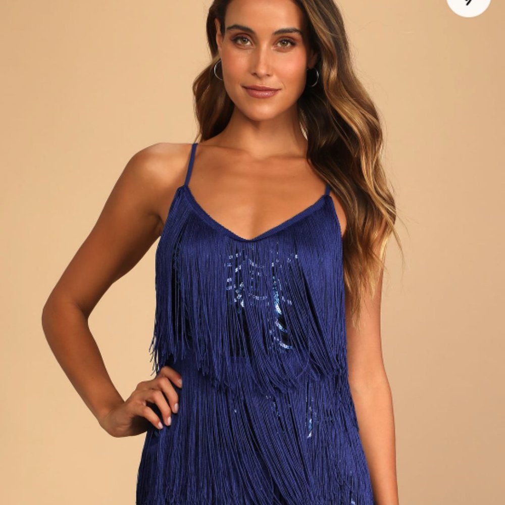 Lulu's Get in the Groove Navy Blue Sequin Fringe Bodycon Dress